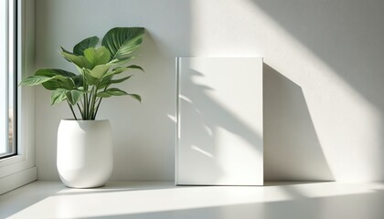 Minimalist composition with white book and green plant on window sill. Natural light creates soft shadows. Clean interior decor with copy space. Peaceful home office.