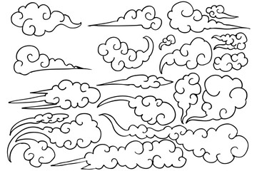 和風の雲アイコンセット｜モノクロ瑞雲・中華風デザイン・装飾素材