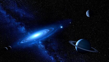 This is a digital illustration of the cosmos. The central focus is a bright, glowing blue spiral galaxy with swirling patterns. To the right, two planets are depicted: a large, dark blue planet with a