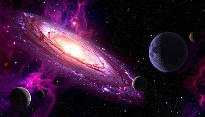 This digital CGI image depicts a vibrant, swirling galaxy with a glowing central core. Surrounding the galaxy are numerous stars and planets, including Earth, Mars, and Saturn, set against a backdrop 