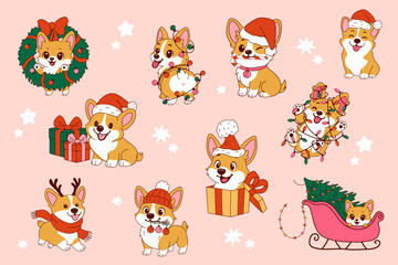 Cute corgi characters celebrating Christmas with gifts, decorations, and festive attire on a pink background