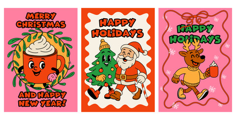 Colorful holiday greeting cards featuring festive designs and cheerful characters celebrating Christmas and New Year