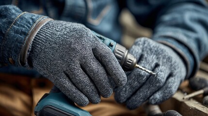 A man is wearing blue gloves and holding a drill
