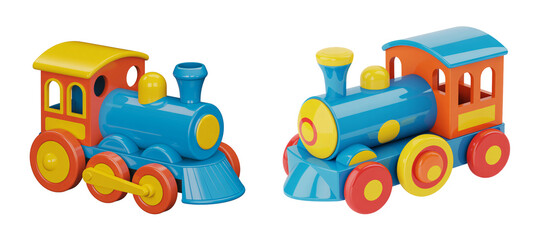 Naklejka premium Two colorful toy trains facing different directions on transparent background