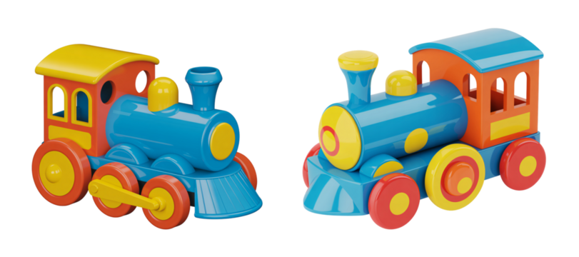 Two colorful toy trains facing different directions on transparent background