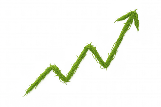 Green growing arrow representing eco-friendly business growth, sustainable finance, environmental investment, and organic progress on transparent background