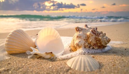 This photograph captures a serene beach scene during sunset. The golden sand is wet, with gentle waves lapping at the shore. Three large, white seashells, one partially buried, rest near the water's e