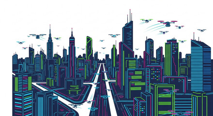 Futuristic city skyline with drones flying over urban landscape vector illustration cityscape architecture