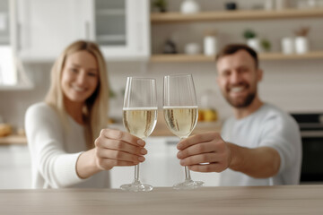 Happy young couple standing in home kitchen holding up champagne flutes, making a toast and celebrating a special moment together, smiling and looking at the camera
