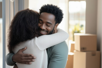 Young happy black couple embracing with closed eyes in their new apartment, celebrating moving into their first home together as packed cardboard boxes stand nearby