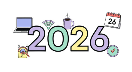 Fototapeta premium Modern digital lifestyle and work concept for the year 2026, featuring laptop, wifi symbol, coffee cup, and calendar