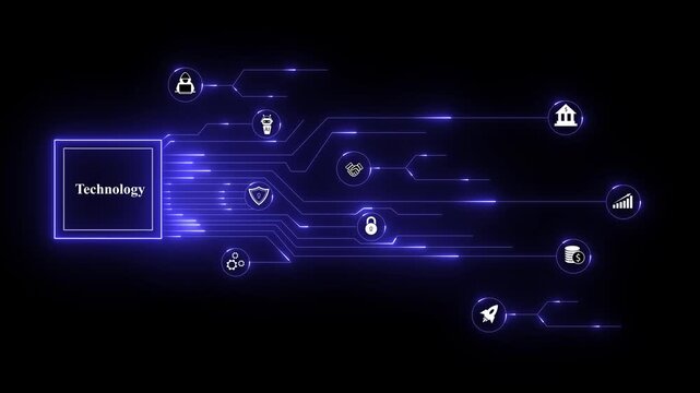 Futuristic technology network connecting icons for security finance, Abstract icon with finance, banking, and investment symbols, Modern business growth and partnership visualization.