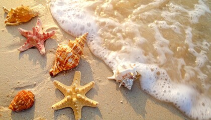 This photograph captures a serene beach scene during sunset. The golden sand is wet, with gentle waves lapping at the shore. Three large, white seashells, one partially buried, rest near the water's e