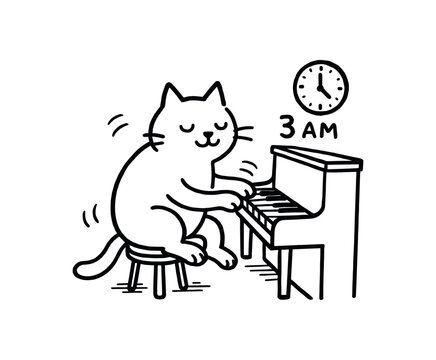 doodle illustration of cat playing piano quietly at 3am clean black and white line art with slightly hand drawn strokes gentle motion lines and poetic absurd charm simple and lively style