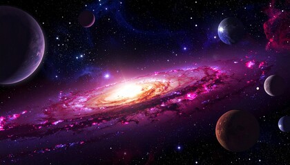 This digital CGI image depicts a vibrant, swirling galaxy with a glowing central core. Surrounding the galaxy are numerous stars and planets, including Earth, Mars, and Saturn, set against a backdrop 