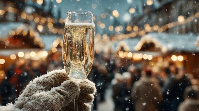 Festive and magical photograph of a gloved hand holding a flute of sparkling champagne, with a beautifully blurred winter market in the background.