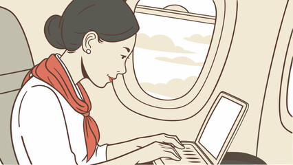 A woman works on a laptop while sitting in an airplane seat next to a window looking at the sky