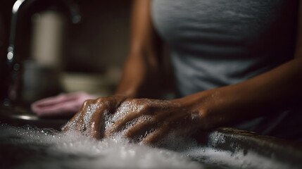 Close up of hands scrubbing dishes in a soapy kitchen sink filled with foam and bubbles