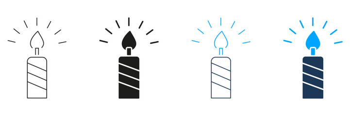 Candle With Flame Line And Solid Icon Set. Celebration, Birthday, And Festive Decoration Silhouette Symbol Collection. Party Atmosphere And Warmth. Isolated Vector Illustration