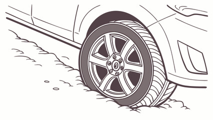 Illustration of a car wheel partially visible with snow on the ground and car body outline shown
