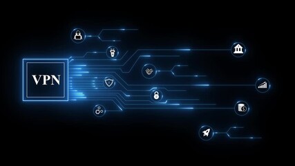 Vpn network security technology digital abstract background with icons, Glowing VPN and AI icons with financial and banking elements, Secure digital transactions and global network design. - Powered by Adobe