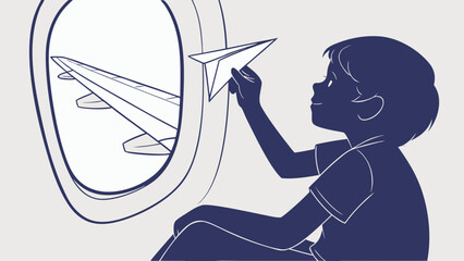 Silhouette of a boy holding a paper airplane next to an airplane window during a flight scene