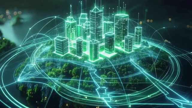 City of Connectivity: An illustration of a modern city interconnected by glowing lines and vibrant energy flows, highlighting its advanced infrastructure and technological prowess.
