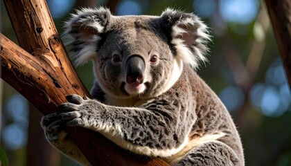 Obraz premium Koala on tree branch adorable marsupial wildlife nature cute koala resting high in eucalyptus tree australian animal
