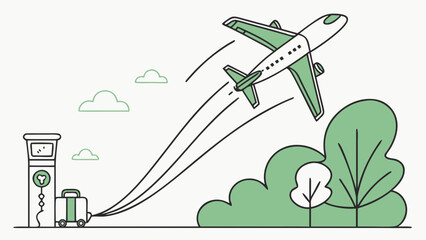 Illustration of an airplane taking off near luggage and trees with clouds in the background art design