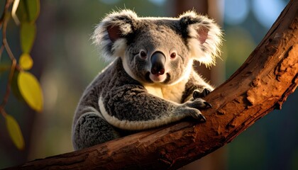 Naklejka premium Koala on tree branch australian wildlife scene observe koala perched on tree branch in natural habitat