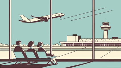 People sitting watching plane taking off from airport through window at the departure lounge waiting area