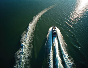 Aerial view of a speed boat moving fast on deep blue-green water. The motorboat creates a long white wake, reflecting sunlight. This represents summer water sports, vacation, and travel.