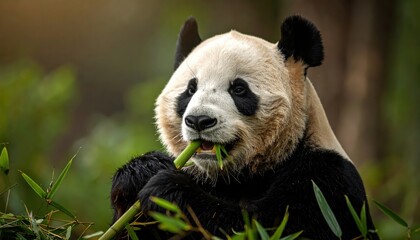 Obraz premium Giant panda eating bamboo wild animal nature photography wild giant panda dines on bamboo in its natural habitat