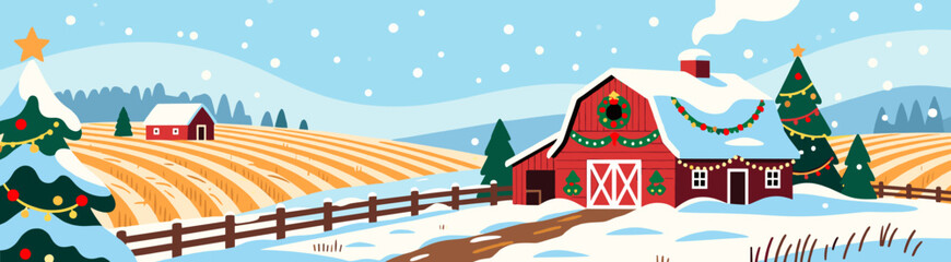 Festive farm scene with Christmas trees and snow
