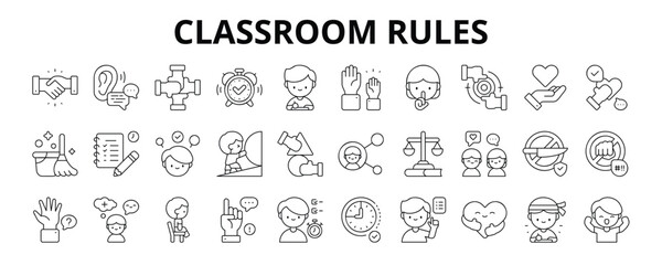 30 Classroom Rules Line Icons Vector - Respect, Punctuality, Silence, Honesty, Responsibility, Cooperation, Enthusiasm, On Time