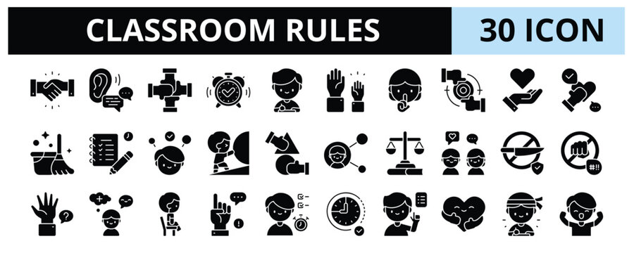 30 Classroom Rules Glyph Icons Vector - Respect, Punctuality, Silence, Honesty, Responsibility, Cooperation, Enthusiasm, On Time