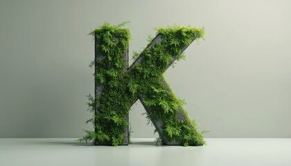 Moss covered concrete letter K. Eco friendly design with green moss on grey concrete. Nature inspired typography with green plants growing on alphabet. Sustainable, organic concept with modern