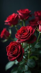 Bouquet of dark red roses blooming with rich green leaves on black background. Close-up of elegant flower petals. Classic symbol of love, passion, romance for holiday gift. Beautiful floral