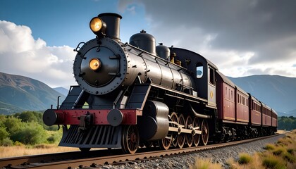 Naklejka premium Modern train on railway tracks journeying through landscape locomotive traveling on rail network symbol of transport