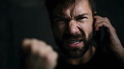 Obraz premium Close up portrait of an enraged man teeth gritted and fist clenched during a stressful phone call