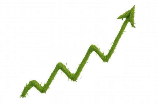 Green grass growth chart arrow symbol going up, representing business success, finance, sustainability on transparent background