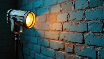Old metal spotlight shines warm orange light on turquoise brick wall. Vintage lamp creates moody atmosphere with shadow and glow. Industrial background for text and design.