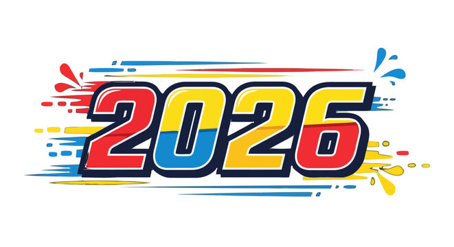 Dynamic and energetic 2026 text with abstract colorful lines and splashes, representing speed, movement, and celebration