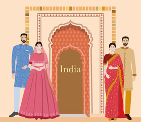vector illustration of a India couple at archway