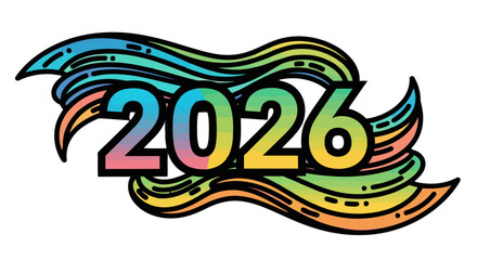 Fototapeta premium Colorful abstract wavy lines forming the number 2026