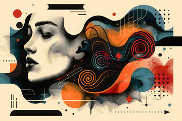 Overthinking, depression, anxiety – conceptual illustration symbolizing emotional overload, burnout, inner conflict and mental health struggle through a fragmented, modern human figure. 