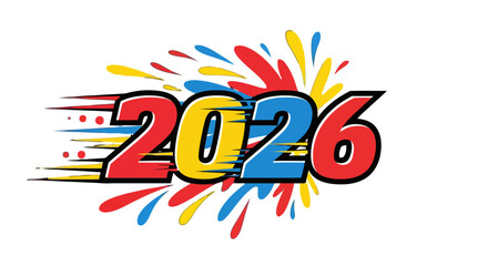 Fototapeta premium Dynamic 2026 text with colorful splashes and motion lines