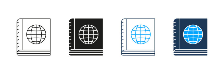 Book With Globe Line And Solid Icon Set. Global Knowledge, Education, And Geography Learning Symbol Collection. International Studies And World Exploration. Isolated Vector Illustration
