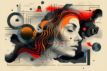 Overthinking, depression, anxiety – conceptual illustration symbolizing emotional overload, burnout, inner conflict and mental health struggle through a fragmented, modern human figure. 