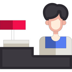 Cashier Standing Behind Counter With Cash Register Machine And Red Display In Bright Lighting With White Background